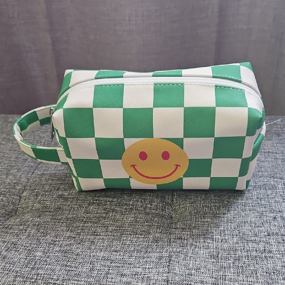 Green and White Checkered Smiley Face  Cosmetic Bag